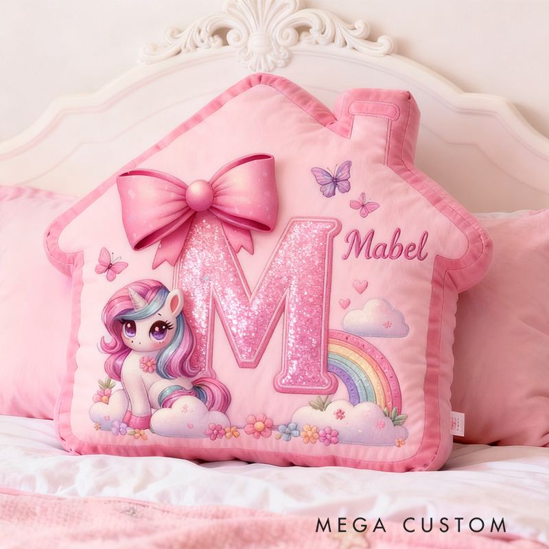 Personalized Unicorn Pillow Pink House-Shaped 26 Letters Custom Name Design Perfect for Girl's Bedroom Decor and Gift Idea Graphic 3D Print