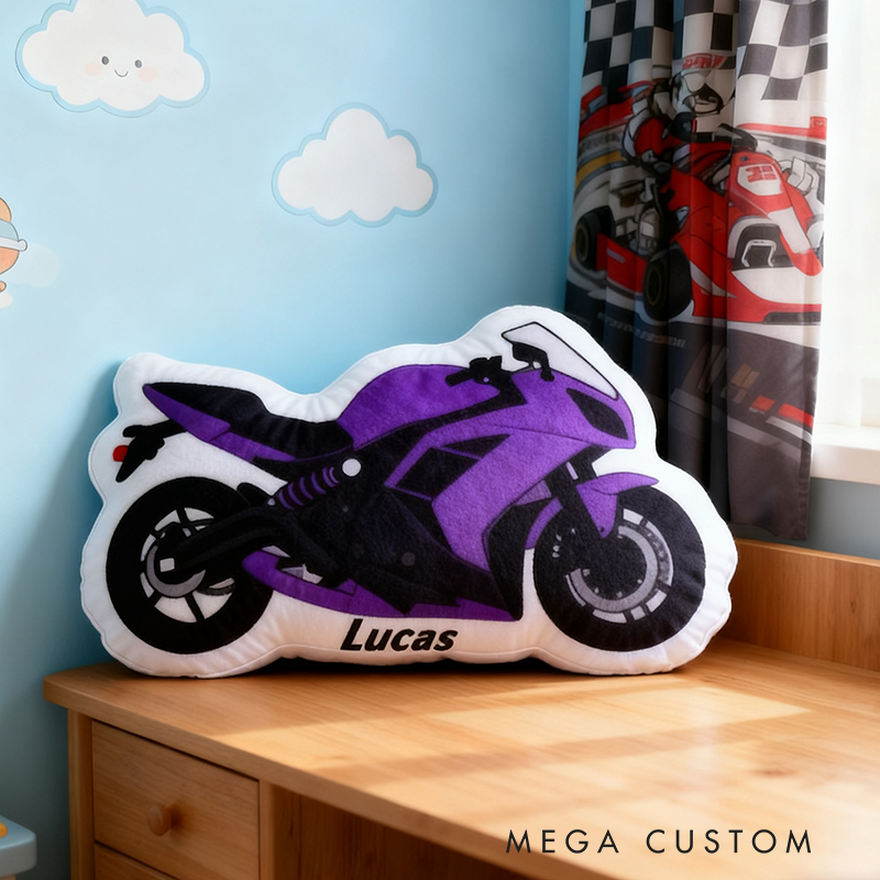 Personalized Motorcycle Pillow Custom Name and Color Motorcycle Shaped Cushion Gift for Motorcyclists and Racing Fans