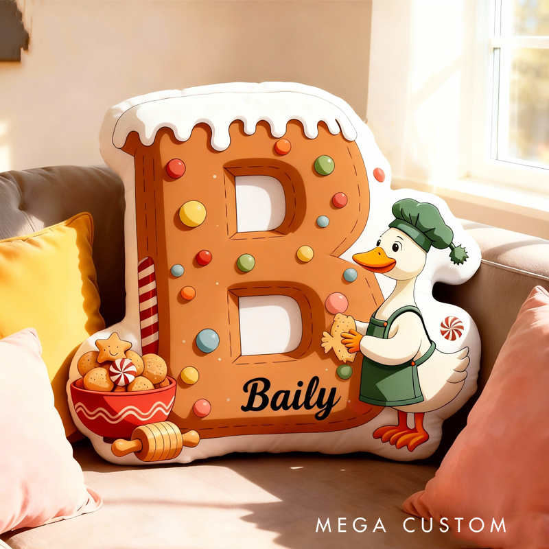 Personalized Christmas Goose Alphabet Throw Pillow Graphic 3D Print Gingerbread Letters with Name Goose Baker Festive Decor Gift for Kids Boys Girls Family 