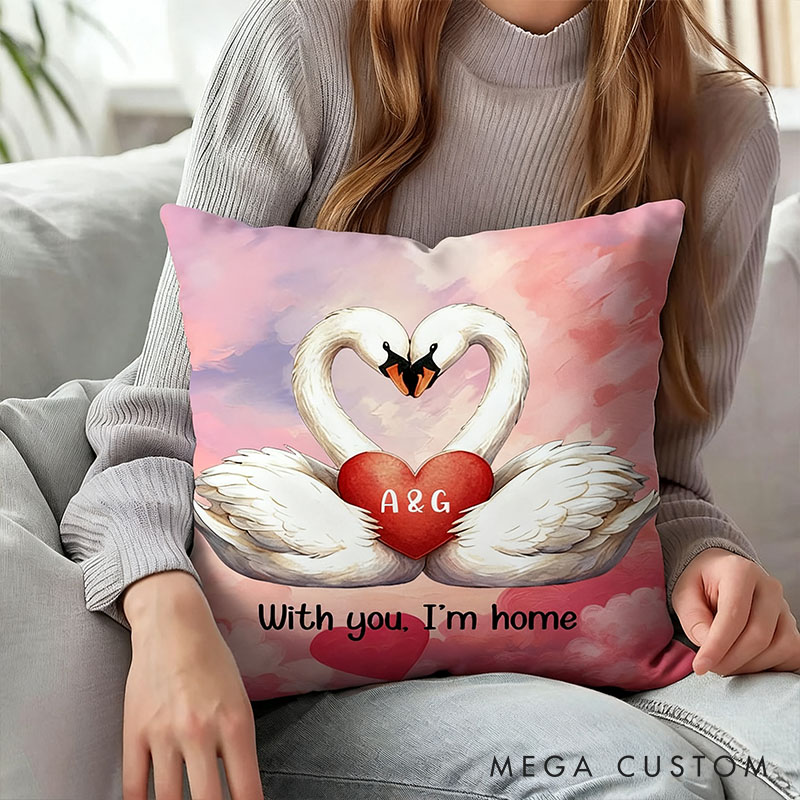 Personalized Cartoon Couple Swans in Love Pillow Custom Newlyweds Name Swans Heart Pillow Valentine's Day Gift for Husband Wife Boyfriend Girlfriend