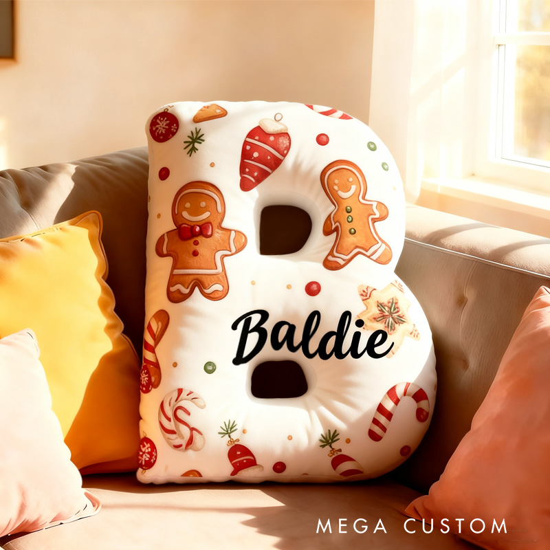 Personalized Gingerbread Cookie Alphabet Throw Pillow Graphic 3D Print Christmas Letters with Name for Baker Festive Decor Gift for Kids Boys Girls Family 