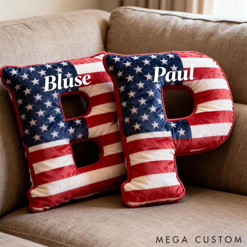 Personalized American Flag Initial Pillow Custom Initial Pillow with American Flag for Boy Girl Friend Patriotic Pillow