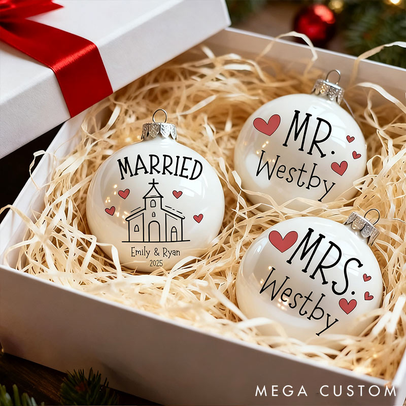 Personalized Mr and Mrs Matching Christmas Ball Ornament Our First Christmas Ornament Set For Newlywed Couple Wedding Ornament Keepsake
