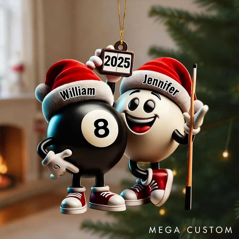 Personalized Funny Pool Ball Design 2D Flag Couple Ornament Chrismas Decoration with Names Chrismas Gift for Husband Wife
