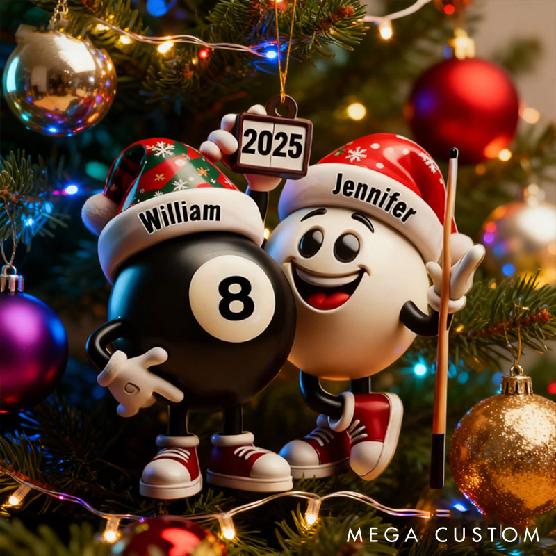Personalized Funny Chrismas Pool Ball Design 2D Flag Couple Ornament Chrismas Decoration with Names Chrismas Gift for Husband Wife