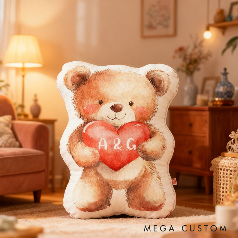Personalized Flower Girl Bear Heart Pillow with Name Custom Couple Initials Cushion Valentine's Day Gift for Girl Christmas Gift for Girlfriend Wife