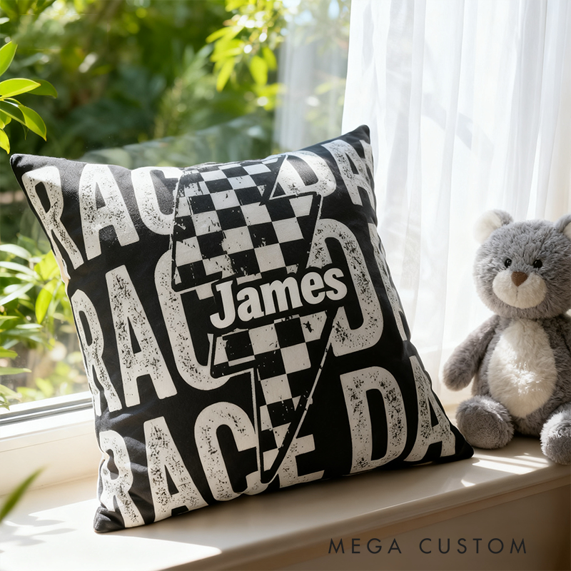 Personalized Race Day Throw Pillow Custom Name Checkered Flag and Lightning Bolt Design Cushion Gift for Racers and Motorsport Fans