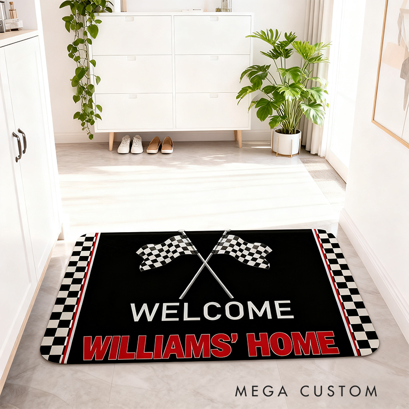 Personalized Racing Theme Door Mat Custom Name Checkered Flag Welcome Mat for Race Car Lovers and Motorsport Families