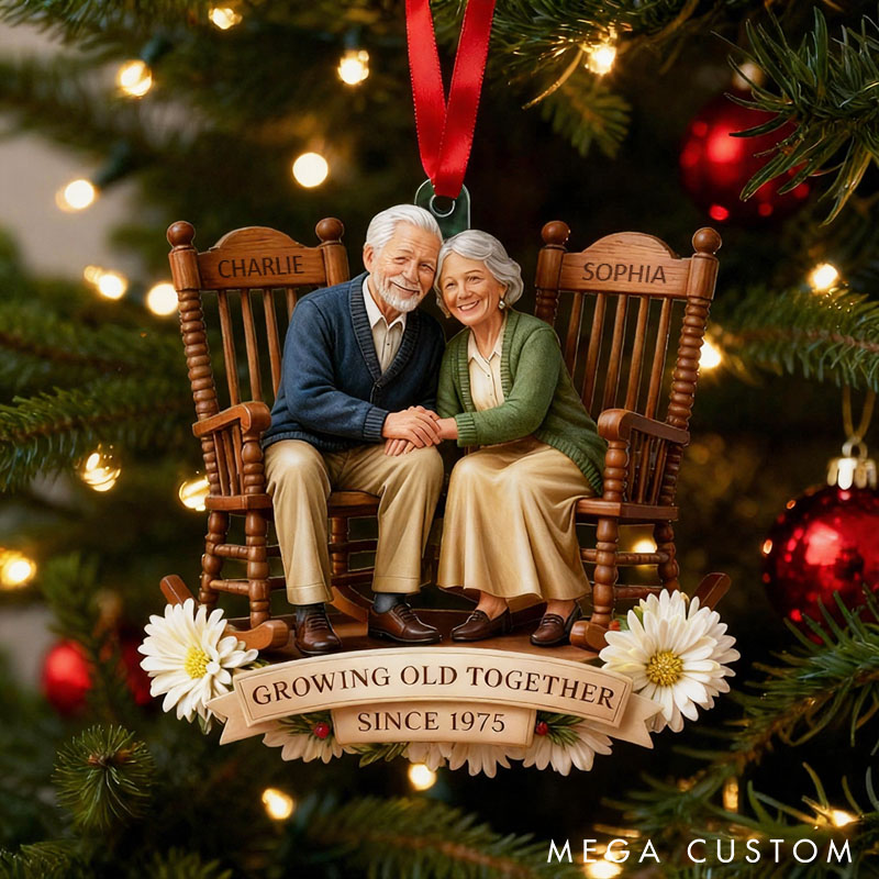 Personalized Growing Old Together Anniversary Ornament Couple 2D Flat Acrylic Ornament with Flowers Sitting Together Vintage Christmas Gift