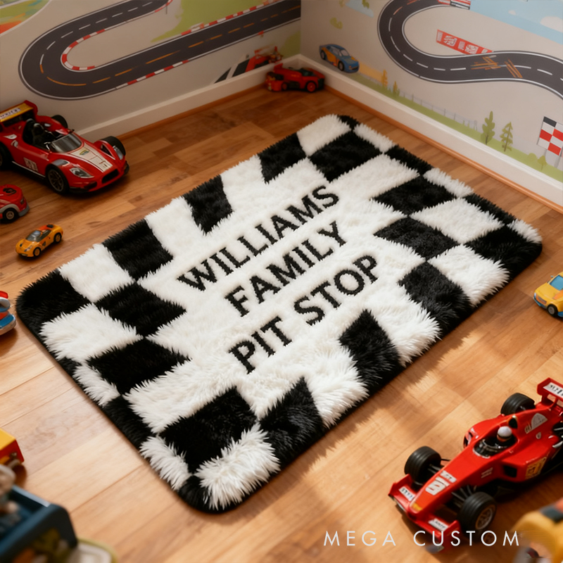 Personalized Racing Checkered Flag Rug Custom Family Name Pit Stop Mat for Motorsport Lovers and Car Families
