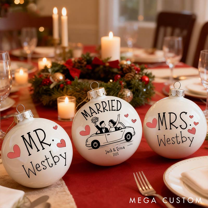 Personalized Mr and Mrs Matching Christmas Ball Ornament Our First Christmas Ornament Set For Newlywed Couple Wedding Ornament Keepsake