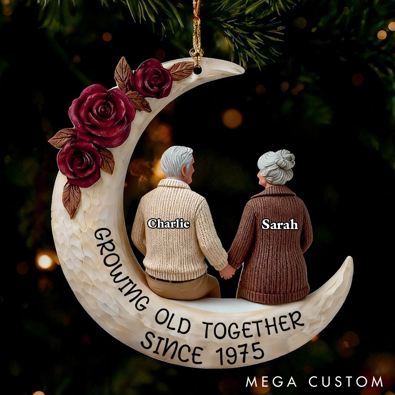 Personalized Old Couple Ornament 2D Flat Couple Anniversary Gift From Our First Kiss Till Our Last Breath Moon Acrylic Ornament with Elderly 