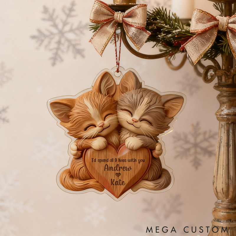 Personalized 2D Flat Printed Faux Wood Couple Cat Acrylic Christmas Ornament Custom Newlywed Xmas Ornament Our First Christmas Gift for Animal Lovers