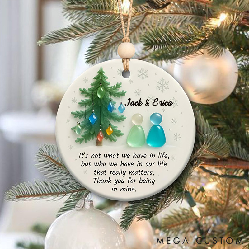 Personalized Faux Sea Glass Couple 2D Flag Chrismas Tree Couple Ornament Chrismas Decoration Gift for Husband Wife for Girfriend Boyfriend