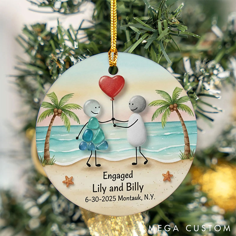 Personalized Faux Sea Glass Couple 2D Flag Chrismas Tree Couple Ornament Chrismas Decoration Gift for Husband Wife for Girfriend Boyfriend