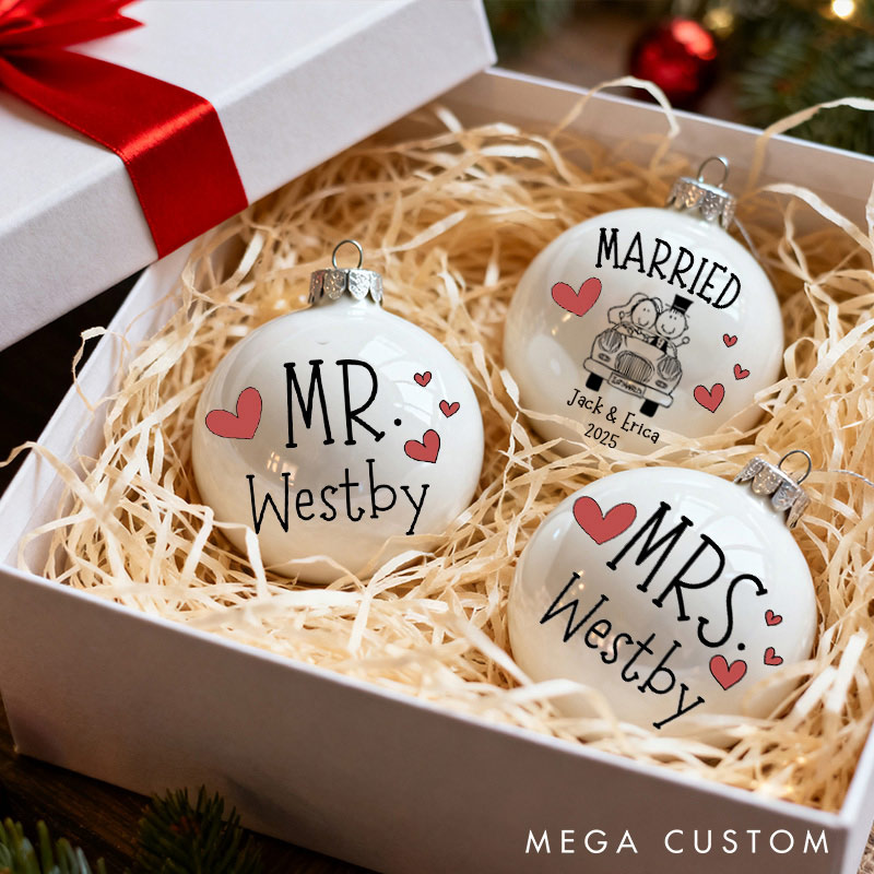 Personalized Mr and Mrs Matching Christmas Ball Ornament Our First Christmas Ornament Set For Newlywed Couple Wedding Ornament Keepsake