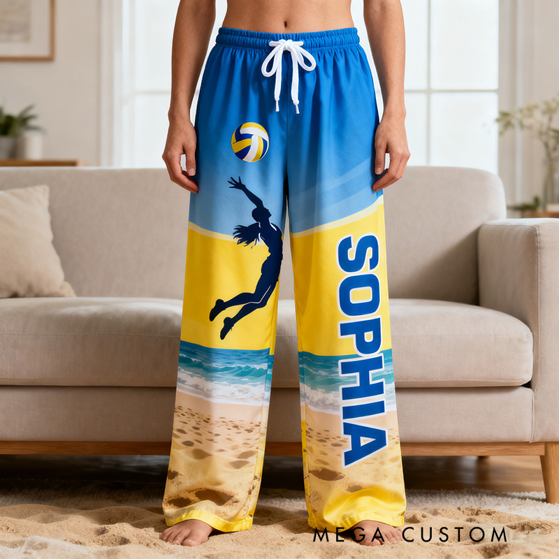 Personalized Volleyball Pajama Pants with Custom Name and Beach Design for Fans and Players