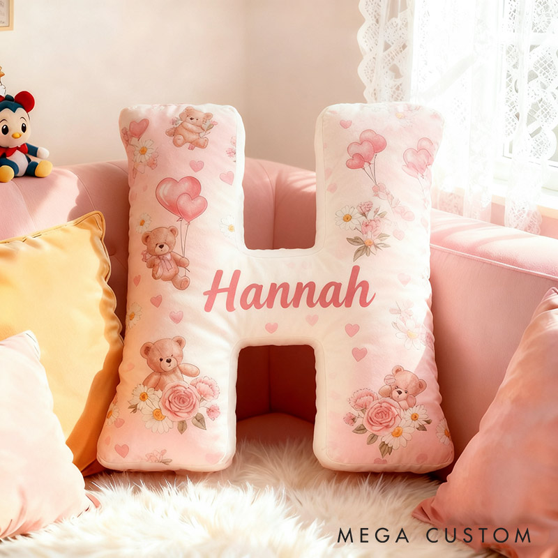 Personalized Flower Girl Pink Floral Bear Heart Balloon Letter Pillow Custom Couple Cushion Wedding Gift for Girl Christmas Gift for Girlfriend Wife