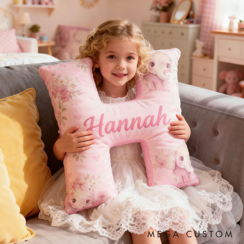 Personalized Flower Girl Pink Floral Elephant Heart 26 Letter Pillow Custom Girl Name Cushion Wedding Gift for Girl Christmas Gift for Girlfriend Wife