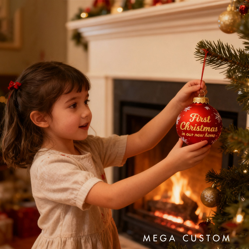 Personalized Christmas Ball Ornament First Christmas Ornament in Our New Home Red Holiday Decoration Custom Keepsake Gift for New Beginnings