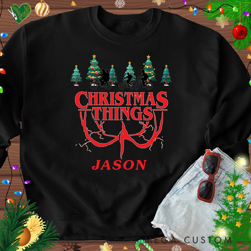 Personalized Cycling Christmas Sweatshirt Strange Cycling Things Funny Biking Holiday Sweater with Name Sweatshirts Gift for Rider Friends Cycling Riding Lovers