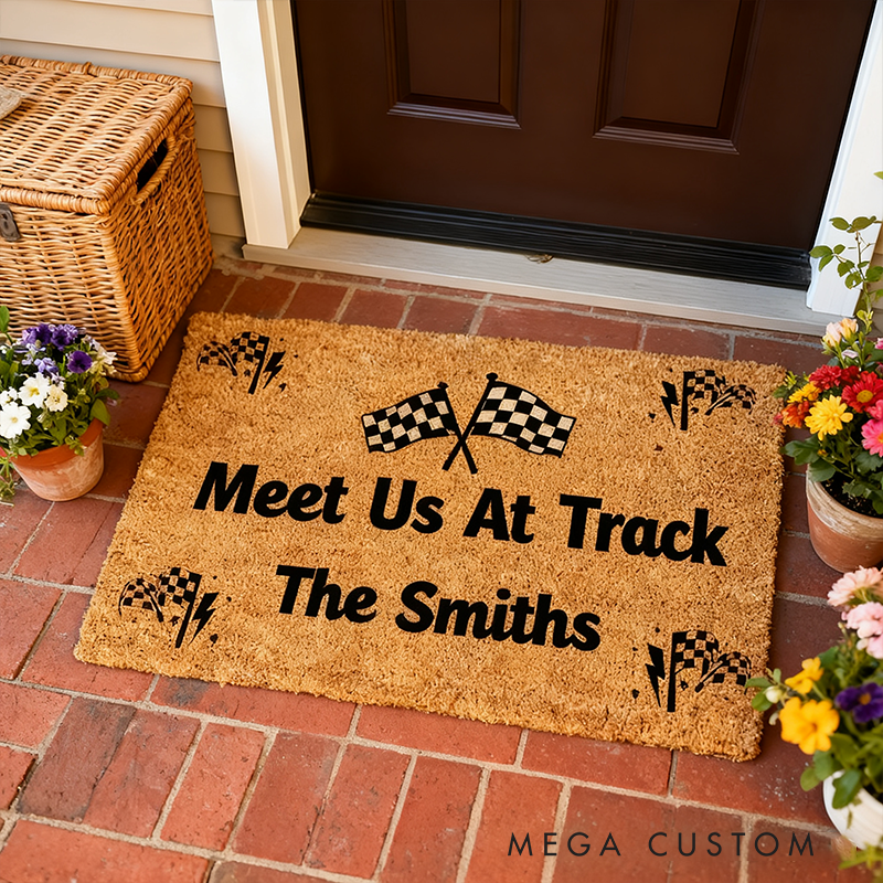Personalized Racing Doormat Meet Us At The Track Custom Name Coir Mat Racetrack Decor for Car Lovers