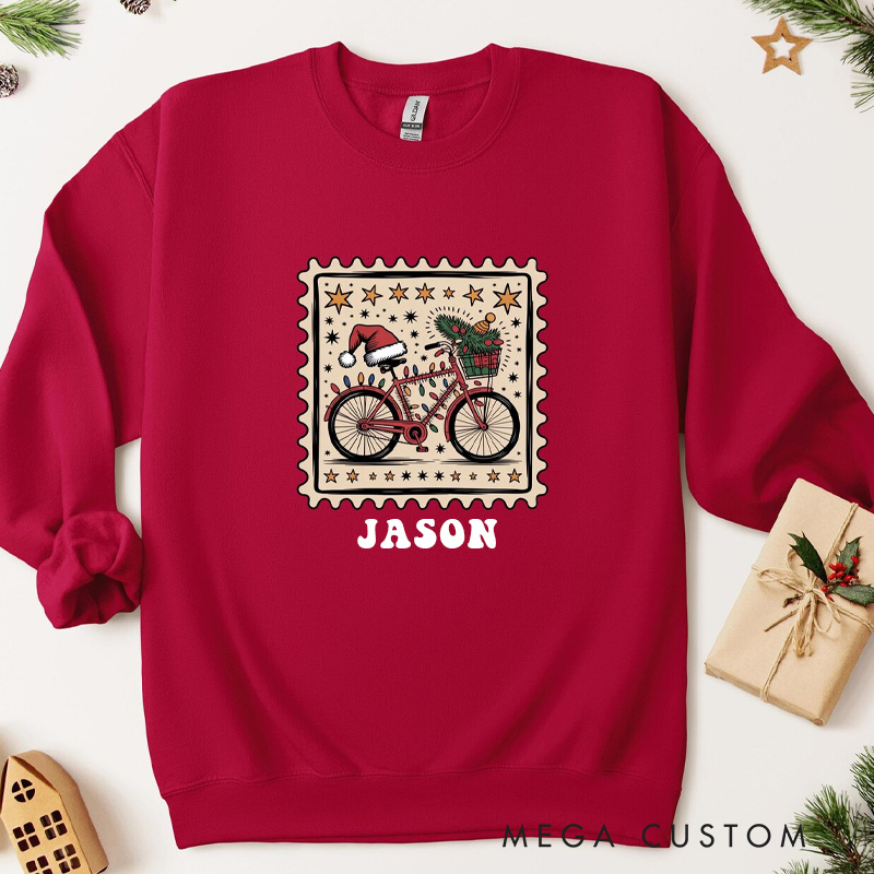 Personalized Bicycle Stamp Christmas Jumper Sweatshirt Funny Biking Holiday Sweater with Name Sweatshirts Gift for Rider Friends Cycling Riding Lovers