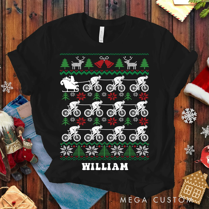 PersonalizedCyclists Pulling Santa Ugly Christmas T-shirt Bicycle Riding Clothes Tshirt Funny Cycling T-shirt