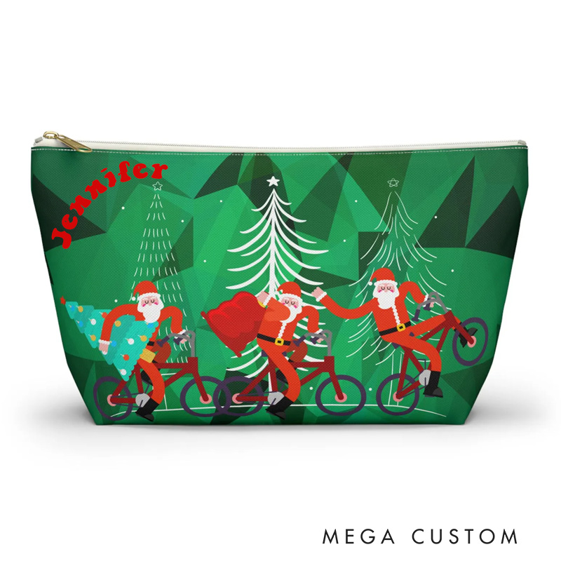 Personalized Cycling Santas Zip Case Makeup Bag with Name Christmas School Everyday Gift for Women