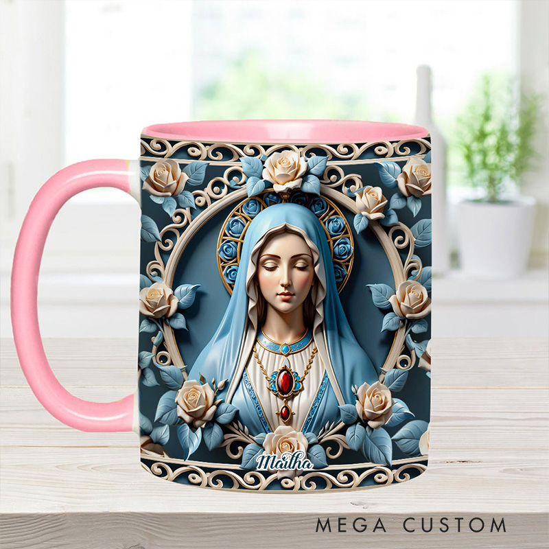 Personalized Mother of God Rosette Wreath Emblem Ceramic Mug with Name Religious Inspirational Gift Faith Gift Catholic Gift for Women