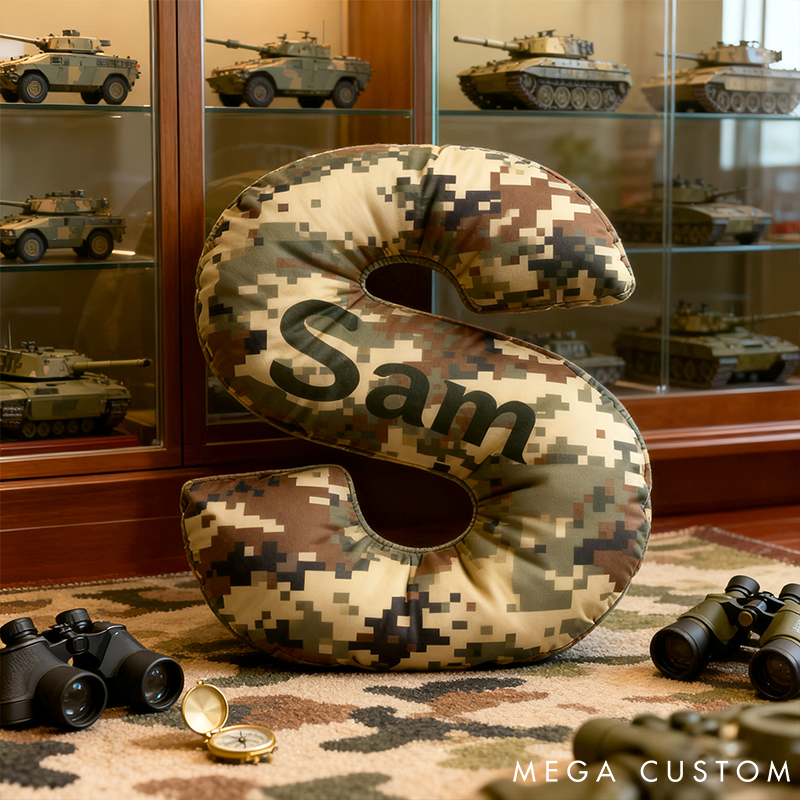 Personalized Camo Throw Pillow Initial Shaped Pillow Custom Throw Pillow with Name Military Style Pillow Gift for Men Boys Military Adventure-Themed Gifts