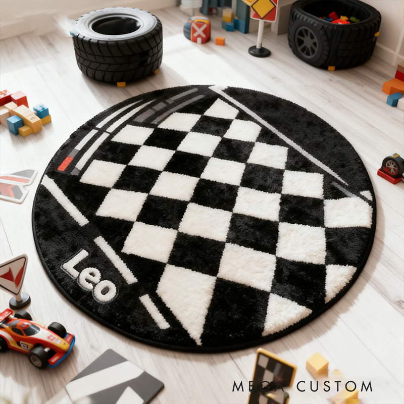 Personalized Racing Rug Custom Name Checkered Flag Round Carpet for Racing and Car Lovers Decor