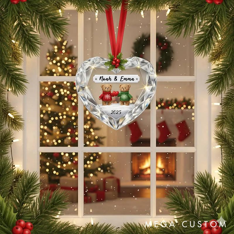 Personalized Faux Diamond Bear Couple 2D Flag Coustom Name Date Location Ornament Chrismas Decoration Gift for Husband Wife for Girfriend Boyfriend