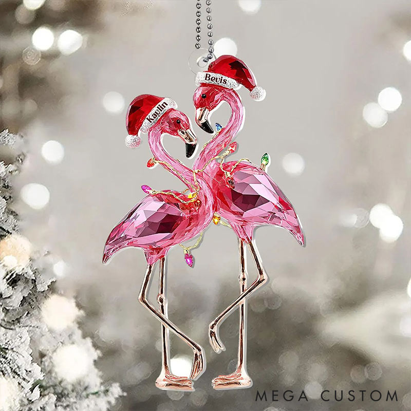Personalized Faux Diamond Flamingo Couple 2D Flag Coustom Name Date Location Ornament Chrismas Decoration Gift for Husband Wife for Girfriend Boyfriend