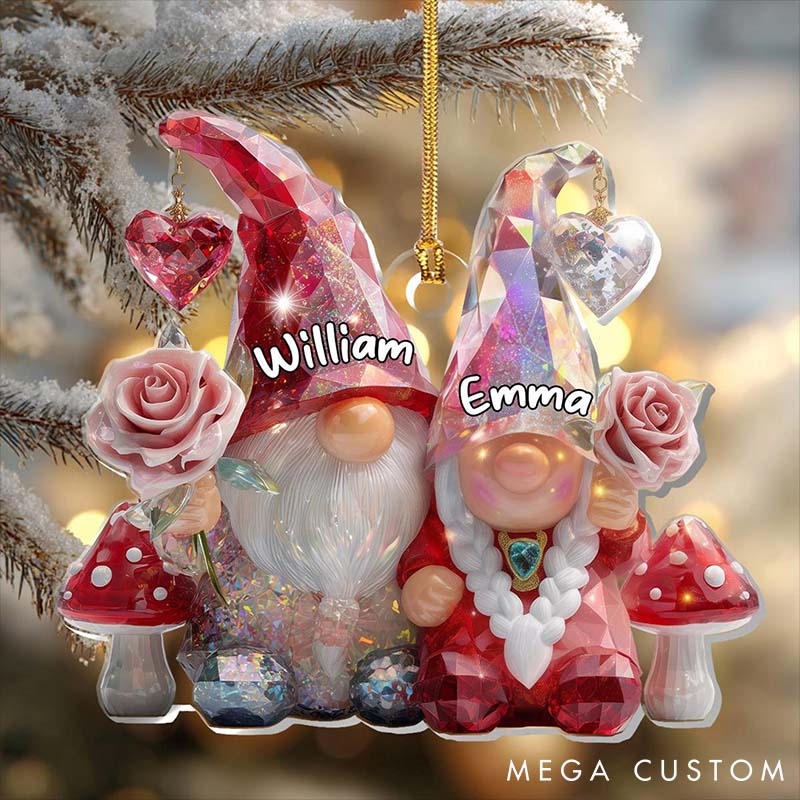 Personalized 2D Flat Printed Crystal Gnome Couple Acrylic Christmas Ornament Custom Newlywed Xmas Ornament Our First Christmas Gift for Him Her