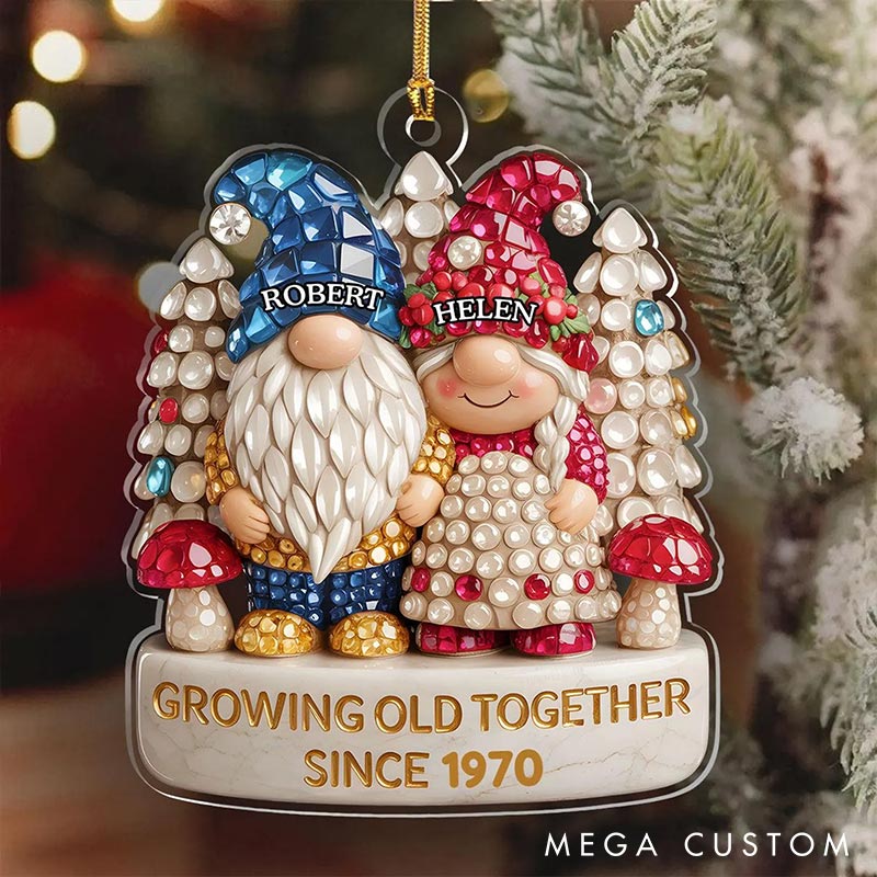 Personalized Growing Old Together Since Faux Diamond Gnome Couple 2D Flag Ornament Chrismas Decoration Gift for Husband Wife for Girfriend Boyfriend
