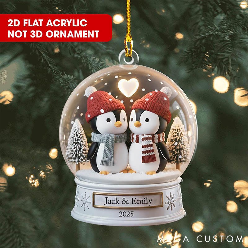 Personalized Couple Penguin Crystal Ball 2D Flat Printed Acrylic Christmas Ornament Custom Newlywed Xmas Tree Ornament Our First Christmas Gift