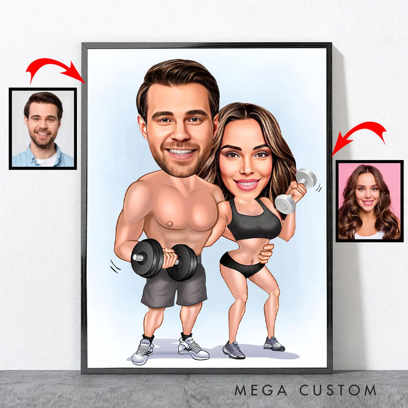 Personalized Photo Cartoon Portrait Gym Lover Couple Portrait Fitness Gifts Cartoon Weightlifter Portrait Bodybuilding Poster Gym Gift ideas