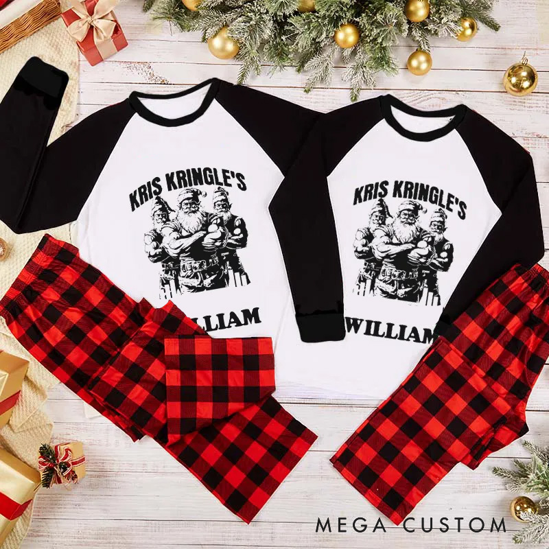 Personalized Couple Xmas Pajamas with Kris Kringles Iron Works Christmas Matching Pjs for Fitness Enthusiasts Bodybuilders and Gym Lovers Husband Wife Boyfriend Girlfriend