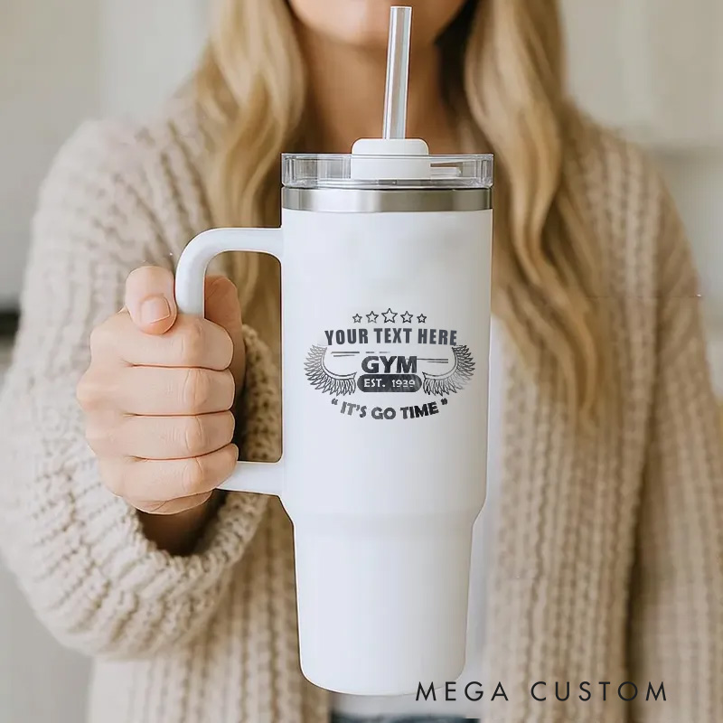 Personalized Handle Tumbler with Wings and Motivational Theme for Gym Lover Fitness Durable Hot or Cold Drinks