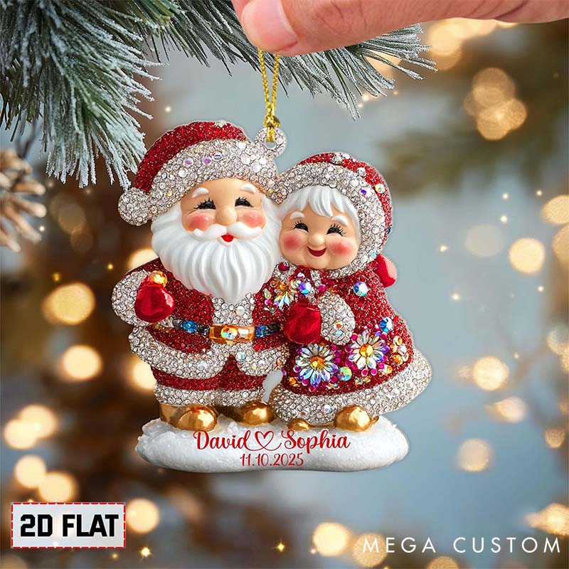 Personalized Santa and Mrs Claus Ornament Couple Christmas 2D Flat Acrylic Ornament Sparkly Rhinestone Holiday Gift Couple Wedding Xmas Decor