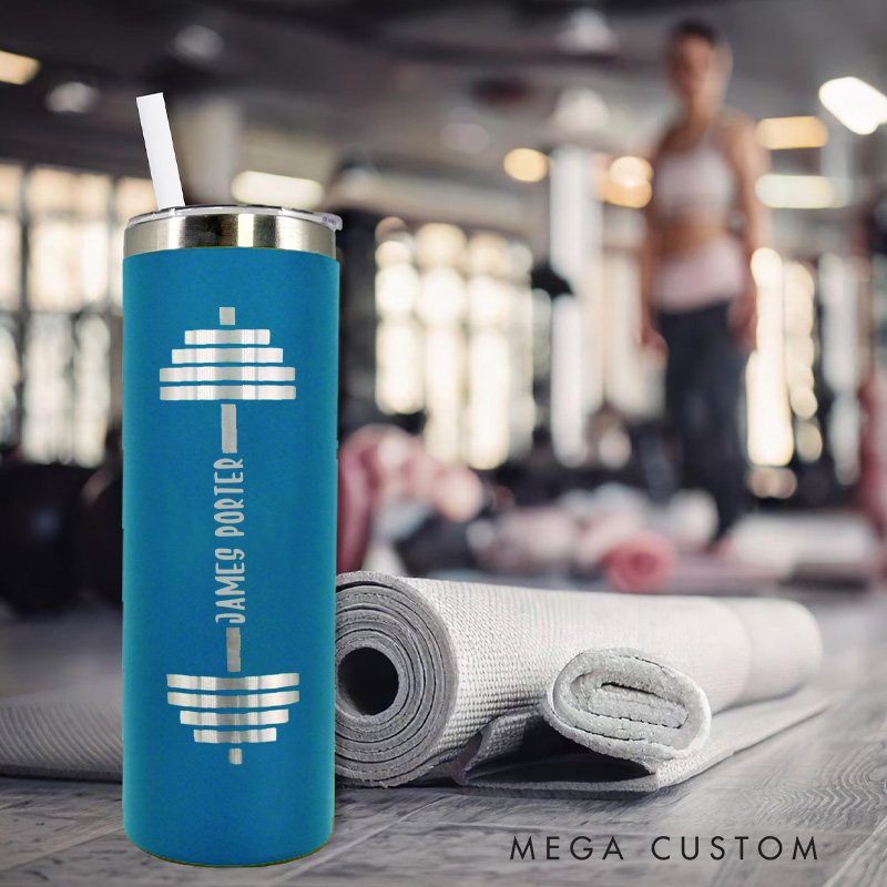 Personalized Trainer Travel Mug Skinny Tumbler with Barbell Engraved Stainless Steel Tumbler Name with Heart Tumbler Fitness for Gym Lovers Workout Gift