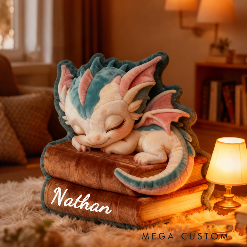 Personalized Sleeping Dragon and Book Throw Pillow Dragon Fantasy Bookish Pillow with Name for Kids Boy Girl Gift for Reading Lover Pillow