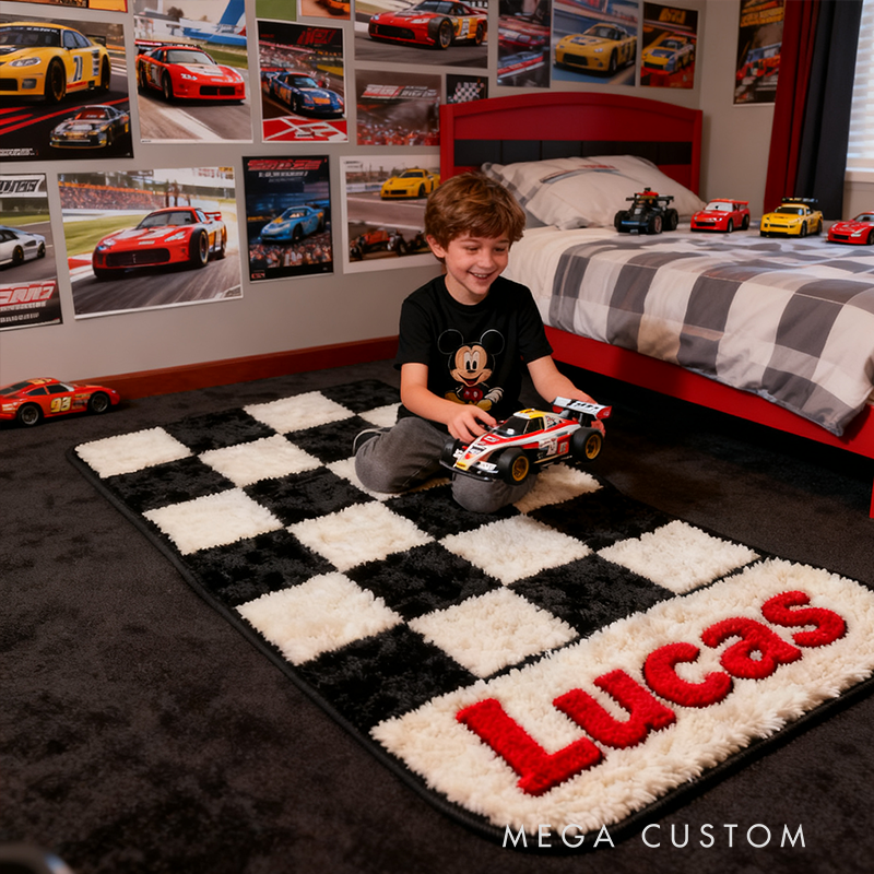 Personalized Racing Checkered Flag Rug Custom Name Black and White Carpet for Racers Room or Racing Fans