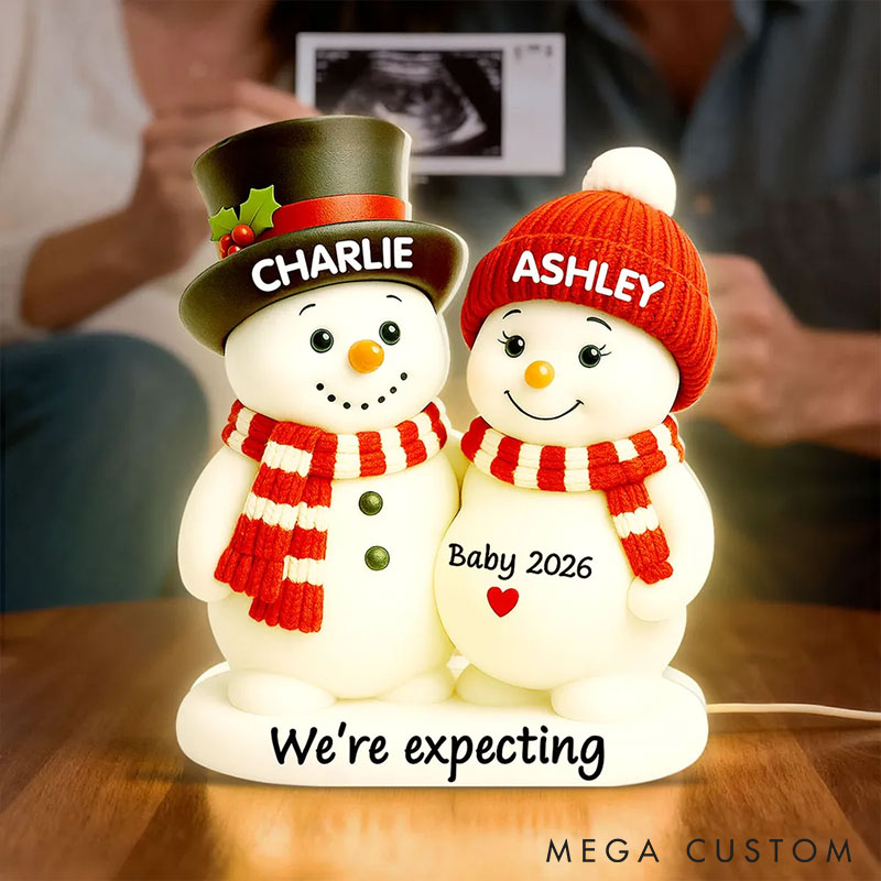 Personalized Couple Snowman Parents We're Expecting Pregnancy Baby Arriving Light Box Custom Night Light Decor Our First Christmas Gift for Him Her