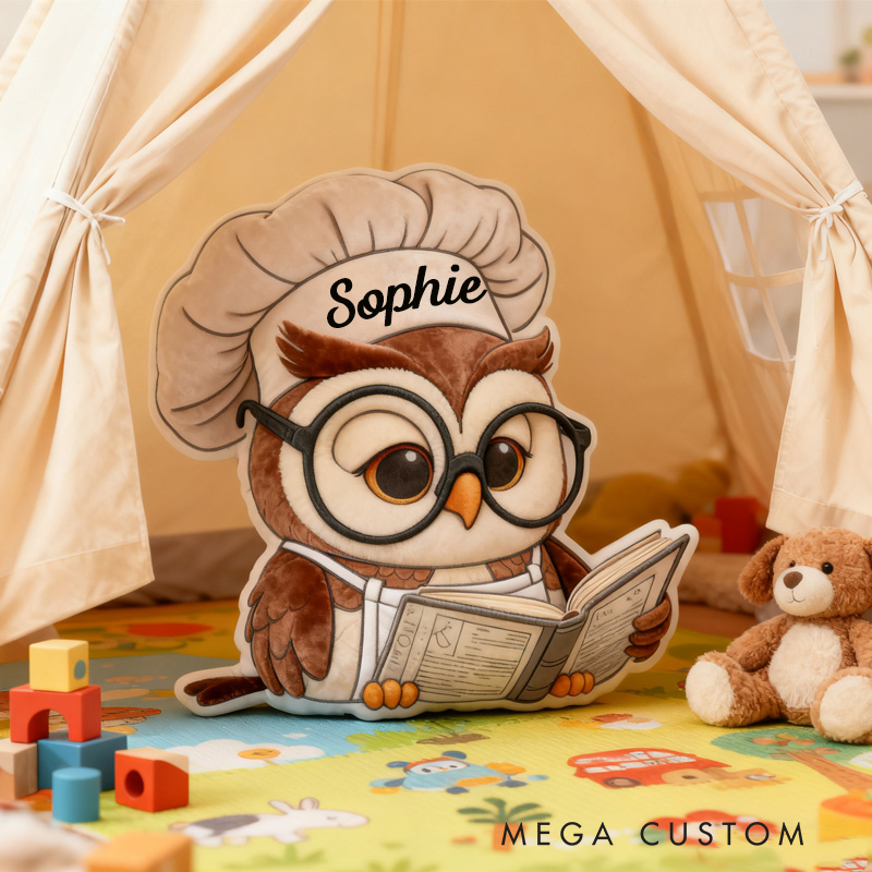 Personalized Reading Owl Throw Pillow Baking Owl Pillow Fantasy Bookish Pillow with Name for Kids Boy Girl Gift for Reading Lover Pillow