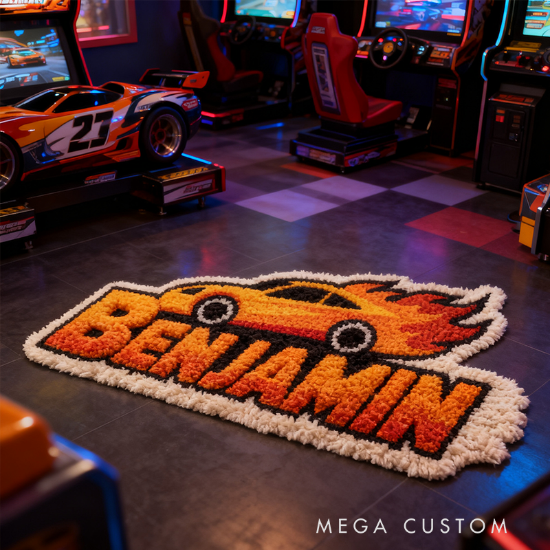 Personalized Racing Flame Shaped Rug Custom Text Sports Car Carpet for Racers and Motorsport Families