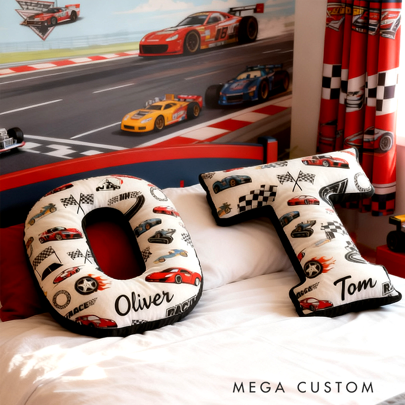 Personalized Racing Letter Pillow 3D Graphic Print Custom Name Alphabet Cushion with Stacked Racing Elements