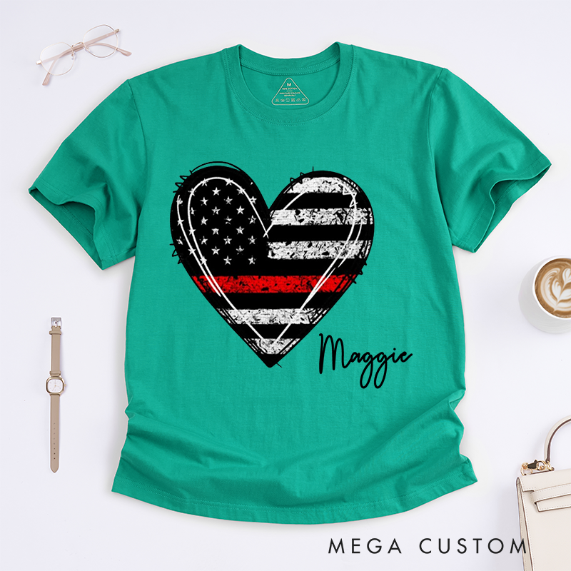 Personalized Firefighter Thin Red Line Heart Design Gift for Female Firefighter Fireman Wife Girlfriend T-Shirt