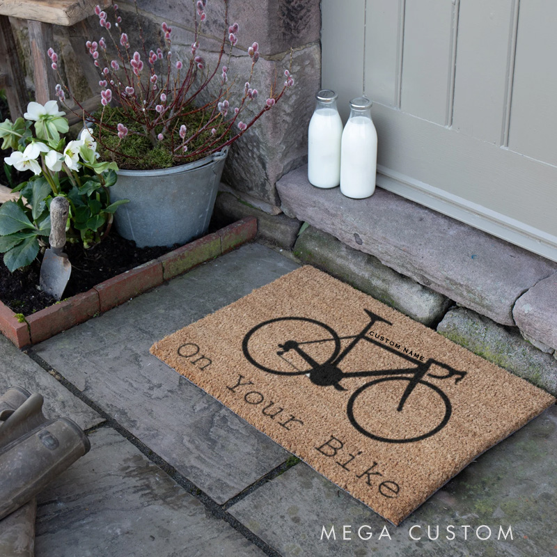Personalized On Your Bike Doormat Mat Welcome Mat Natural Coir Bike Lover Gift Custom Coir Doormat for Racer Biker Rider Cycling Riding Lovers